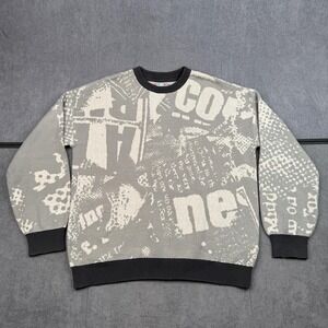 Urban Outfitters Newspaper Print Crewneck Sweater Grey White Mens Small